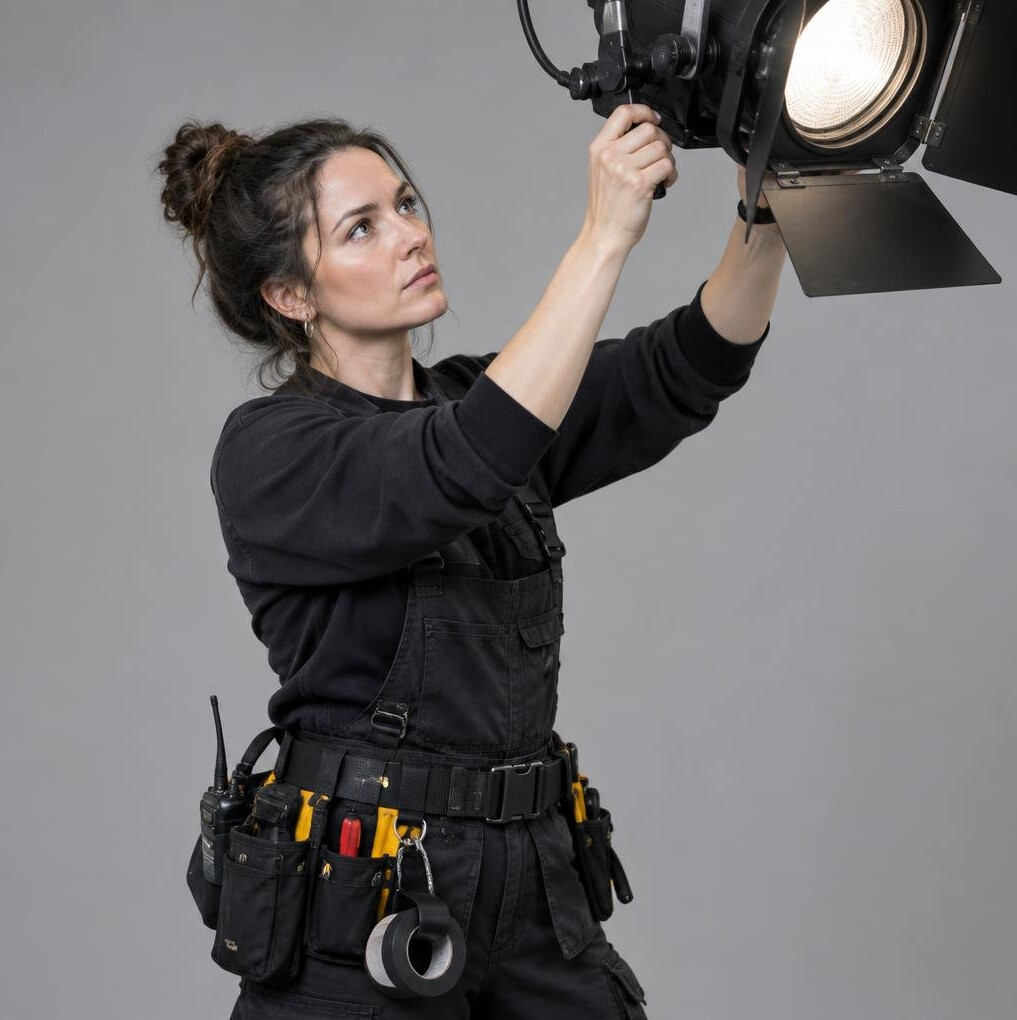 Lighting technician adjusting a studio light fixture