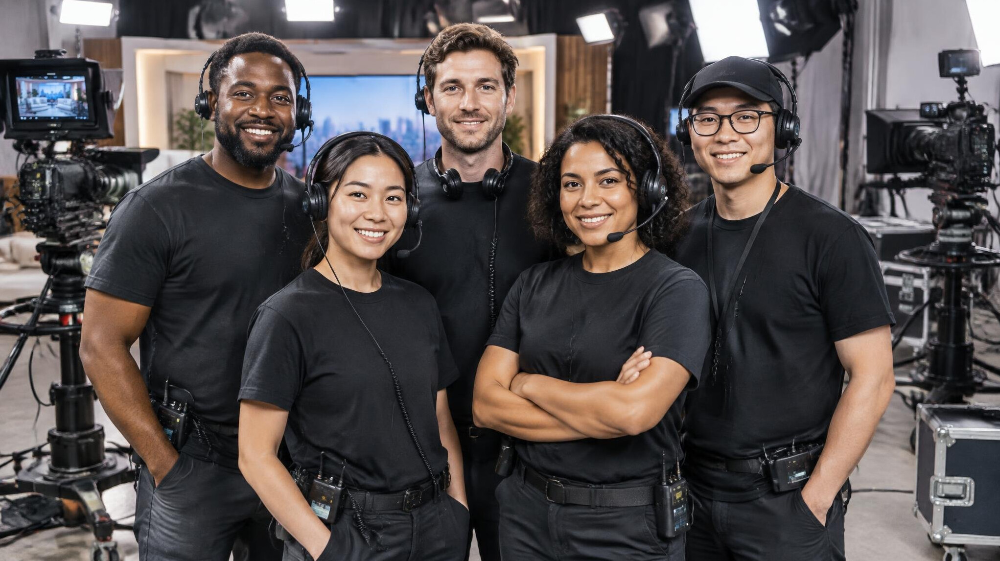 Diverse television production team standing together in a studio