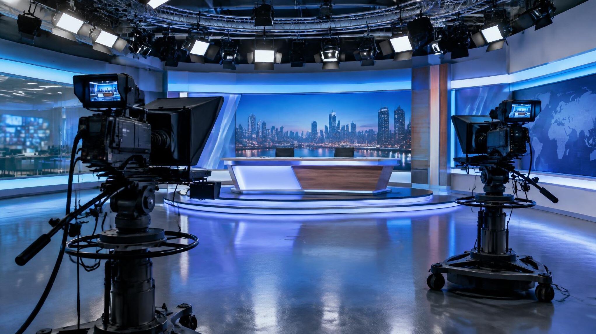 Empty television studio interior with cameras and lighting rig
