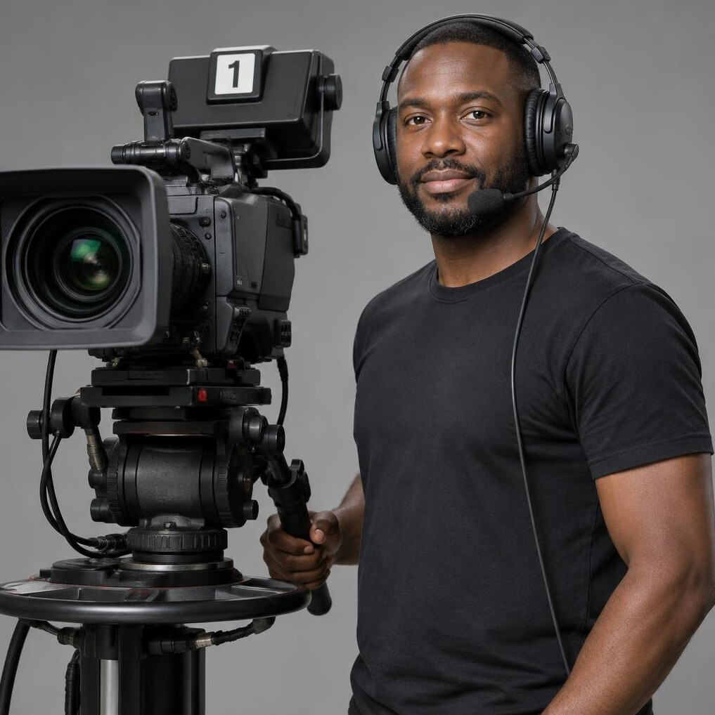 Camera operator holding a professional broadcast television camera