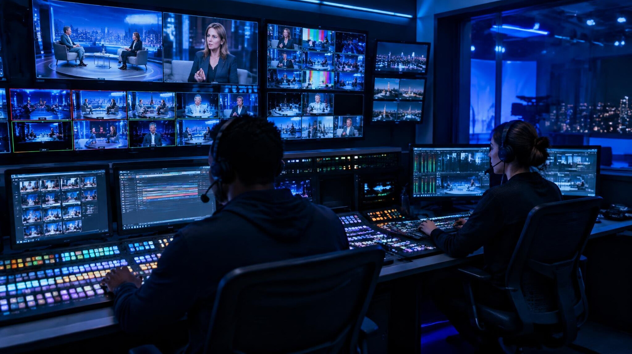 Broadcast control room with multiple video monitors and switcher desk