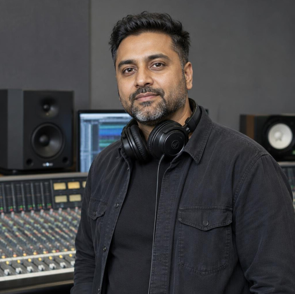 Sound engineer wearing headphones at an audio mixing desk