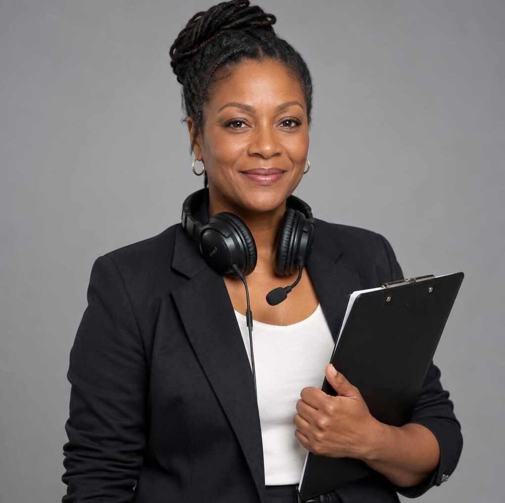 Television producer holding a clipboard on set
