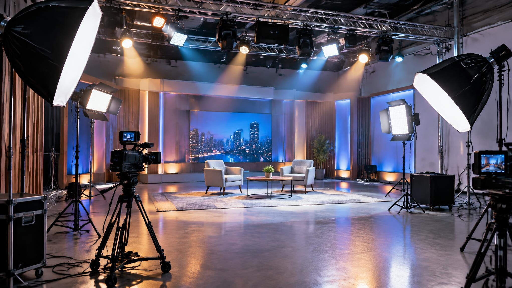 Studio lighting rig with softboxes and stands set up on a TV set