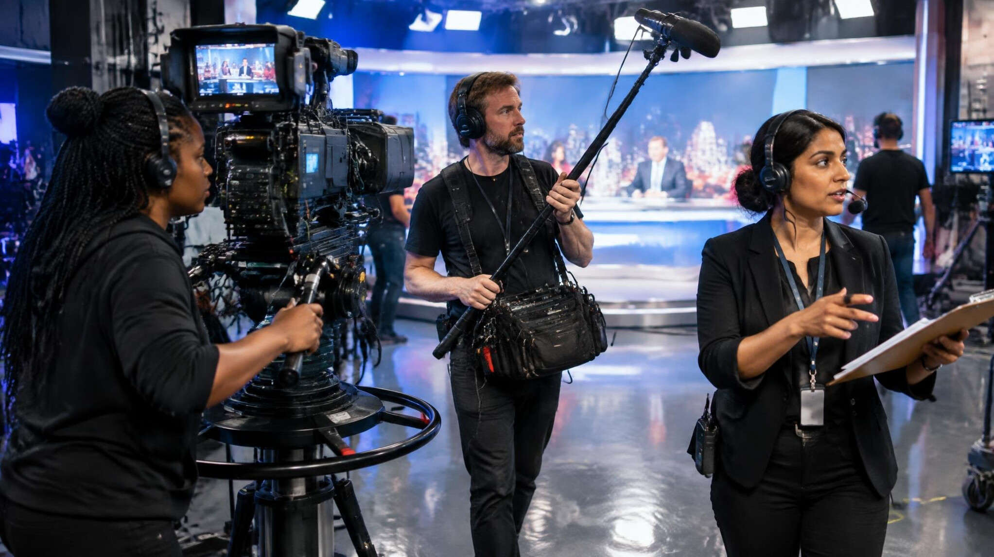 Production crew working together during a live television broadcast